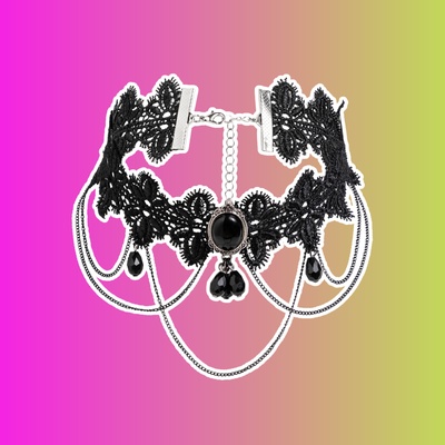 Готический кружевной чокер с камнем и черными цепями