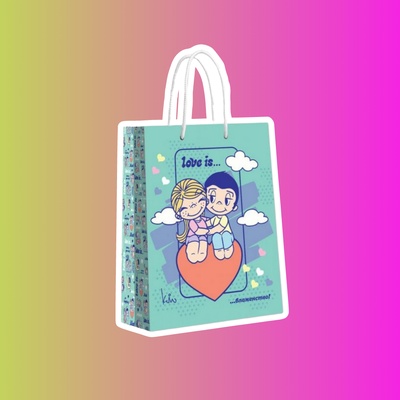 Пакет подарочный большой мятный с розовым, Love is